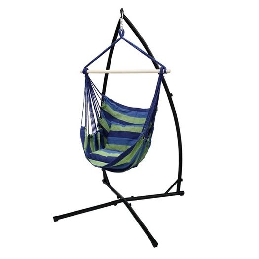 Hanging chair with frame and cushion blue / green cotton loadable up to 120 kg