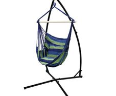 Hanging chair with frame and cushion blue / green cotton loadable up to 120 kg