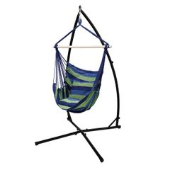 Hanging chair with frame and cushion blue / green cotton loadable up to 120 kg