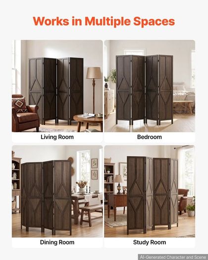 Wood Room Divider 4 Panels Wood Folding Privacy Screen Y Pattern, For Room Separation & Home Decor,1702 mm Tall, Solid Frame, 360 Two-Way Hinges, Rustic Wooden Partition with Hardware
