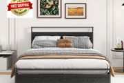 King Size Bed Frame with Wooden Headboard, Metal Bed Frame King size Bed Base/Mattress Foundation,Metal Slat Support Noise Free,Textured Black