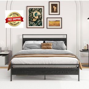 King Size Bed Frame with Wooden Headboard, Metal Bed Frame King size Bed Base/Mattress Foundation,Metal Slat Support Noise Free,Textured Black