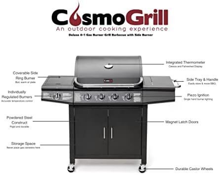 Pro Deluxe 5 Gas Burner 4+1 Barbecue Grill, Steel Warming Rack, Side-Burner, Built-in Temperature Gauge for Home Garden Party Outdoor Cooking (93411)