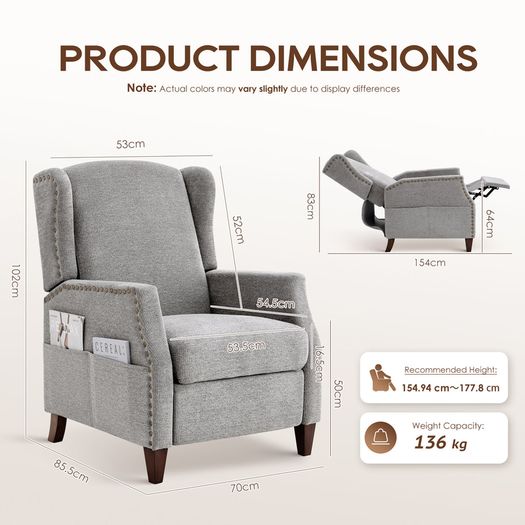 Armchair with Storage Pockets Manual Recline (Multiple Colours)