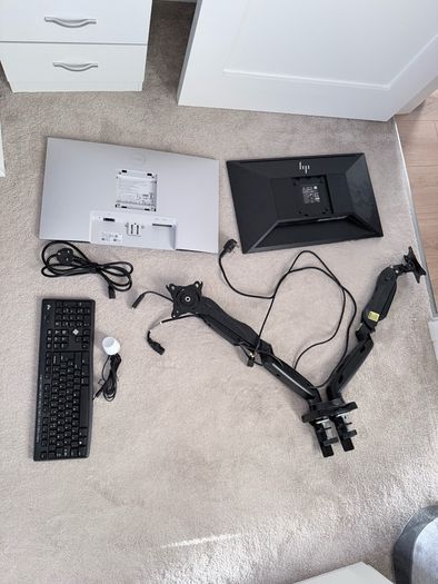 Complete desktop setup- 2 desktops, arm that holds 2 desktops and accessories.