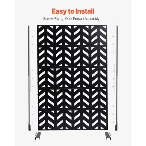 Metal Privacy Screen, 47" W x 72" H, Outdoor Privacy Screens 5-Panel, Freestanding Outdoor Divider with Stand, Decorative Garden Steel Privacy Fence for Balcony Patio Indoor Room Black