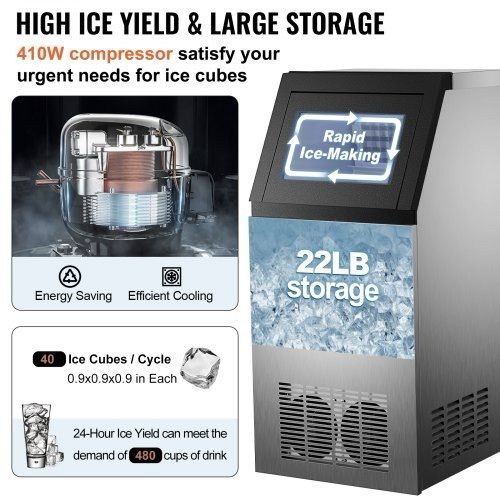NEW SALE | Commercial Ice Maker, 132 LBS/24H, Stainless Steel Ice Cube Maker Machine w/ 22 LBS Storage, 410W Ice Making Machine w/ LED Control Panel Water Filter Pipes Ice Scoop for Bars Restaurants, 220V