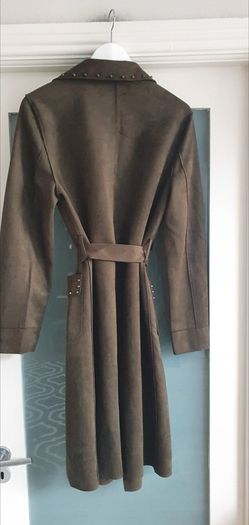 MADISON khaki midi length coat with stud detail open front with tie Sz L (12-16 UK) - Rrp 289 (New)