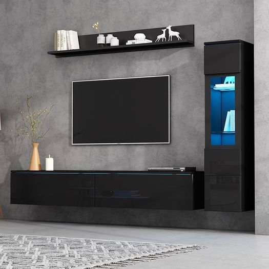 3-Piece with LED Lighting, High Gloss Black - Living Room Furniture Set with TV Lowboard, Display Case & Wall Shelf, Modern, for Large TVs up to 79 Inches Black