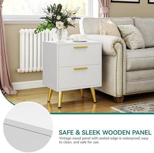 2-Drawer Bedside Table Set of 2, Small Bedside Storage Cabinet with Storage, Nightstand End Table for Living Room Bedroom Office, 40x30x52cm, White & Gold