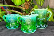 Vintage Mosser Green Opalescent Glass Creamer and Sugar Bowl Set Cherry Pattern