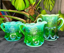 Vintage Mosser Green Opalescent Glass Creamer and Sugar Bowl Set Cherry Pattern