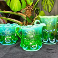 Vintage Mosser Green Opalescent Glass Creamer and Sugar Bowl Set Cherry Pattern