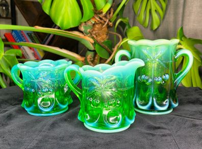 Vintage Mosser Green Opalescent Glass Creamer and Sugar Bowl Set Cherry Pattern