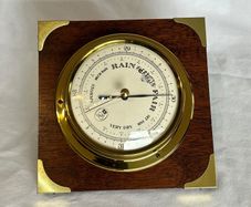 Vintage Nautical Barometer - Brass & Wood Square - Working - 15cm