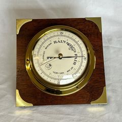 Vintage Nautical Barometer - Brass & Wood Square - Working - 15cm