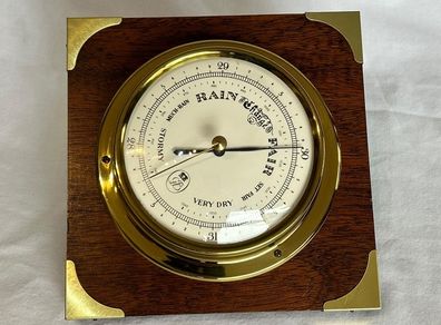 Vintage Nautical Barometer - Brass & Wood Square - Working - 15cm