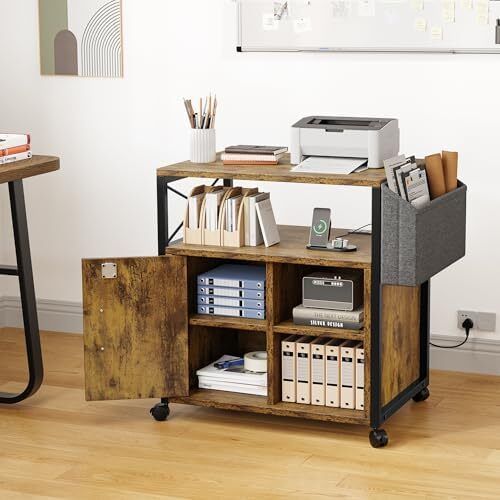 Wooden Printer Stand With Power Outlets, Industrial Storage Cabinet, Print Stand Filing Cabinets with Key, Wooden Sideboard with Open Shelf, Brown