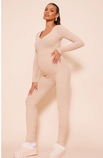 Maternity Oatmeal Long Sleeve Knitted Jumpsuit