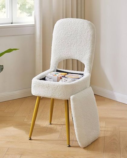 Small Storage Vanity Stool with Folding Backrest, 12.99" x 13.78" x 31.5" Square Teddy Velvet Ottoman, Makeup Chair for Living Room, 4 Metal Legs with Anti-Slip Feet, White