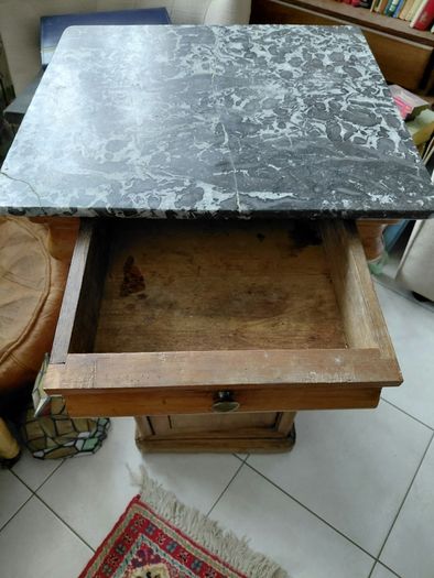 Antique Louis Phillippe style bedside table grey white veined marble top