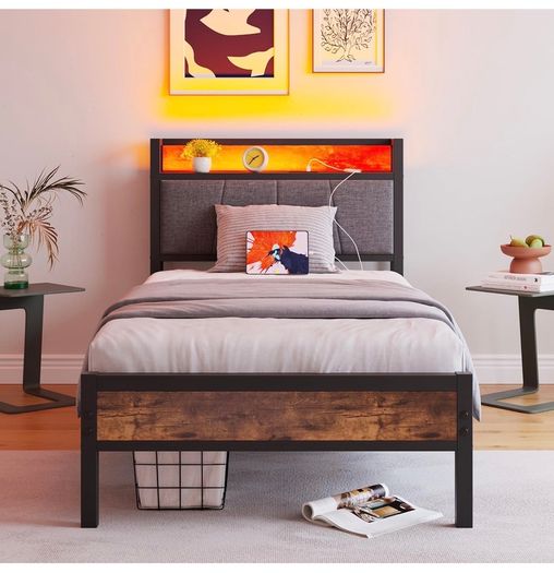 3ft Single Bed Frame with Storage Headboard,LED Lights,Metal Upholstered Platform Bed Frame with Charging Station,Mattress Foundation/Strong Slats Support/Under-bed Storage/Easy Assembly/Brown