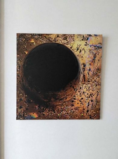 Limited edition contemporary tech-art, abstract series - Black oil spheres / gold leaf texture