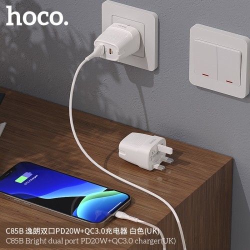 Hoco C85b Bright Dual Port Quick Wall Charger Pd20w + Qc3.0 Uk Plug Usb+c Port