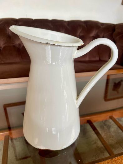 Vintage Shabby Chic Antique White Enamel Jug Vase