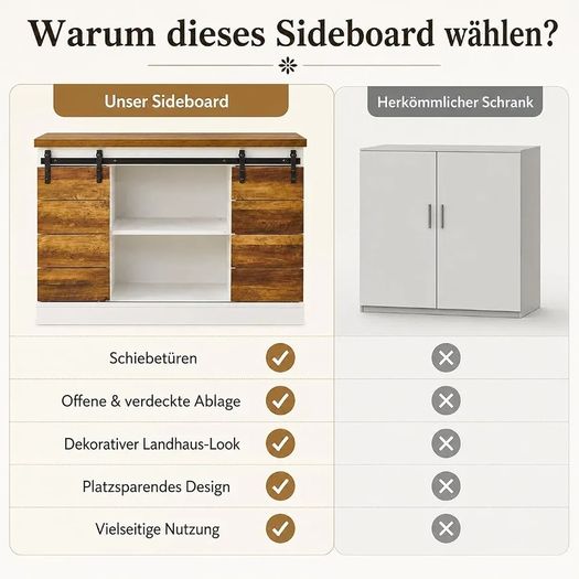 Buffet Cabinet - Large Sideboard - Storage Cupboard, Kitchen Cabinet Server with Sliding Barn Doors, Storage Sideboard Console Table for Dining Room Living Room Hallway Entrance Area