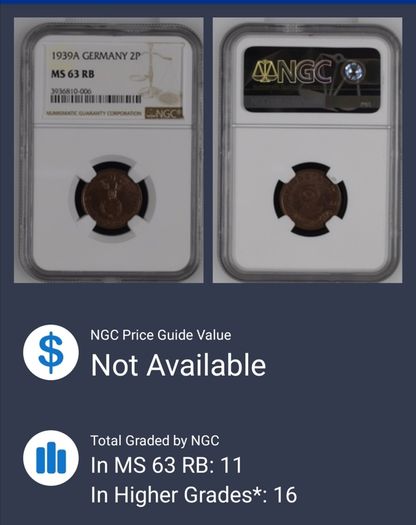 War-time Germany 1939A 2 Reichspfennig NGC Graded MS63 RB