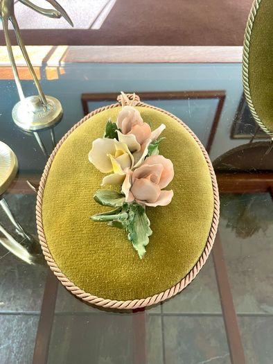 Vintage Pair Genuine Capo di monte 3D Porcelain Floral Wall Plaques with Label