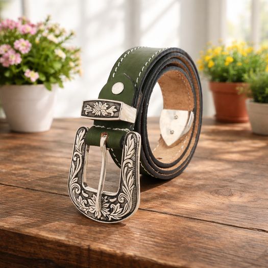 Unisex Premium Green Genuine Leather Belt Vintage Engraved Silver Buckle