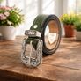 Unisex Premium Green Genuine Leather Belt Vintage Engraved Silver Buckle Image 2