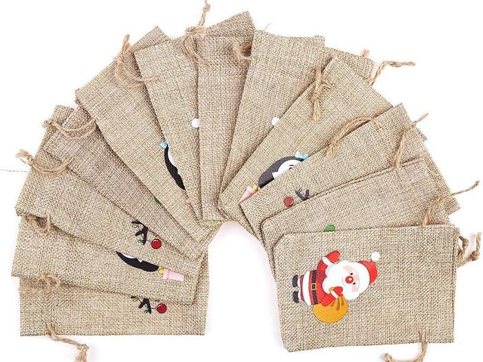 12 Christmas Jute Burlap Gift Bags Pouches with Drawstring Small Candy Bags for Xmas Favors