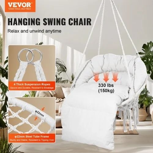 Hanging Hammock Swing Chair, 330 Lbs Capacity, Macrame Hanging Chair with Cushion and Mounting Hardware, Cotton Rope Swing Chair for Bedroom, Balcony, Patio, Garden, Beige