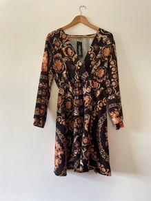 Boohoo plus chain printed wrap front skater dress New