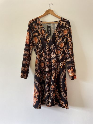 Boohoo plus chain printed wrap front skater dress New