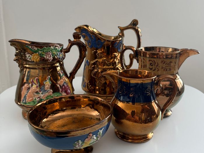 Antique Victorian Staffordshire Copper Lustreware Collection. 5 Pieces