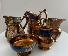 Antique Victorian Staffordshire Copper Lustreware Collection. 5 Pieces