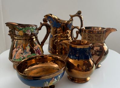 Antique Victorian Staffordshire Copper Lustreware Collection. 5 Pieces