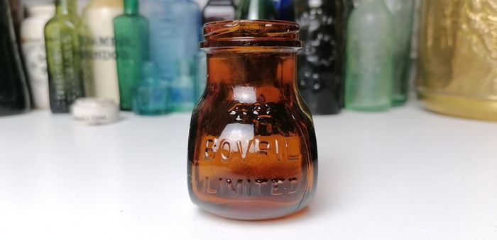 59 - Beautiful Vintage 4oz Bovril Dark Brown Glass Embossed Letters Jar