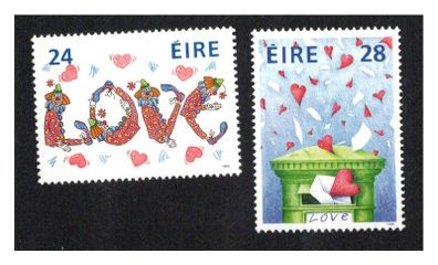 1988 Ireland Love Commemorative Stamps (Love clowns & Pillar Box and hearts) Mint Never Hinged (MNH)