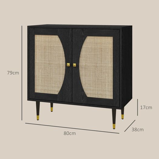 Bohemian kitchen sideboard storage cabinet, double doors with 2 shelves, rattan front, 80 x 38 x 79 cm, black