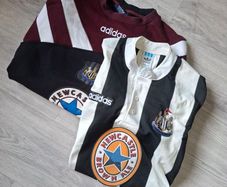 Vintage Newcastle United 95 97 home shirt and sweatshirt made by Adidas,