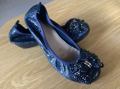 Navy Low Wedge Ballerina Shoes