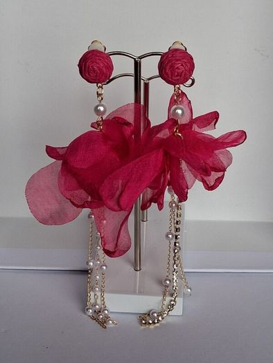 Fuchsia Pink Clip On Tassel Chain Crystal & Pearl Earrings
