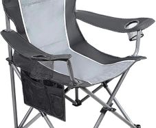 Oversized Camping Folding Portable Chair Heavy Duty Steel Frame Support 160kg Arm Chair with Cup Holder Quad Lumbar Back Chair for Outdoor/Indoor Gray-Black (FREE POSTAGE)