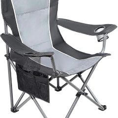 Oversized Camping Folding Portable Chair Heavy Duty Steel Frame Support 160kg Arm Chair with Cup Holder Quad Lumbar Back Chair for Outdoor/Indoor Gray-Black (FREE POSTAGE)