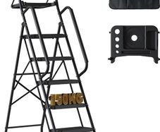 5 Step Ladder, Foldable with Tool Bag, Tray, Handrails, 150 kg Load Black metal frame, wide anti-slip pedals, soft-grip handles, compact storage, for kitchens, pantries, garages and DIY tasks